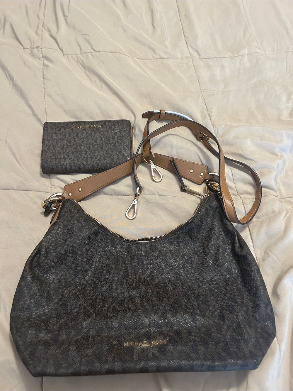 Michael Kors Dark Brown Monogram Hobo with Tan Strap and Matching Wallet